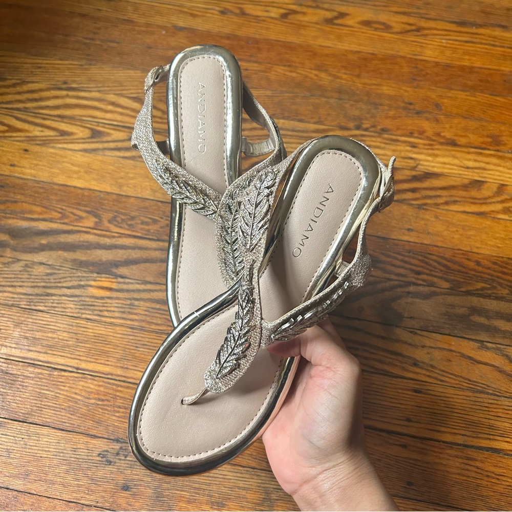 Andiamo Gold Leaf Rhinestone Sparkle Kitten Heeled Wedge Sandals Shoes